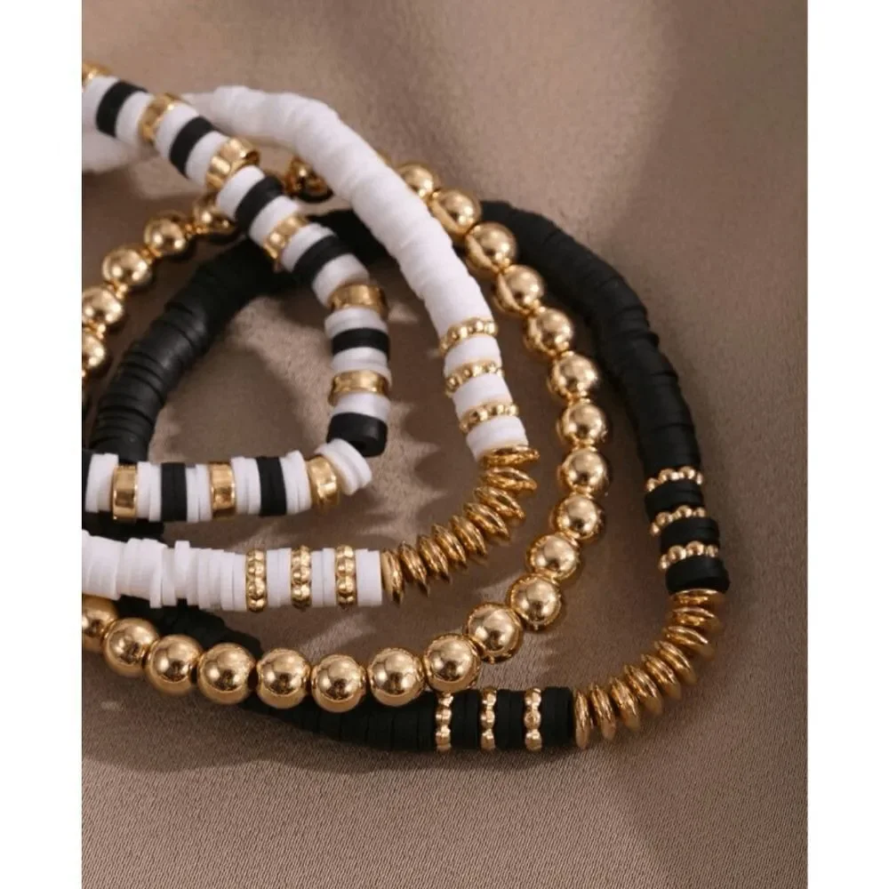 4 Piece Neutral Handmade Polymer Clay Heishi & Gold Beaded Stretch Bracelets